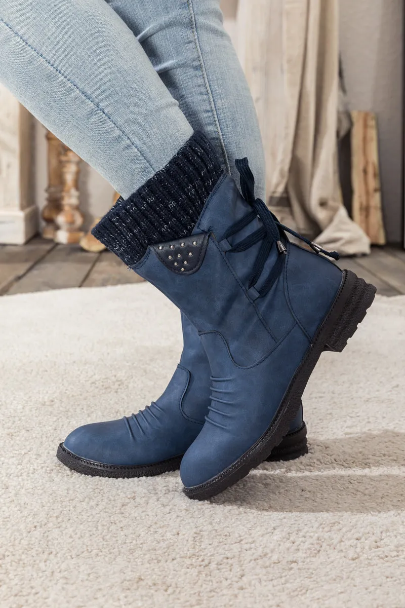 Navy Ruched Back Tie-Accent Combat Boot
