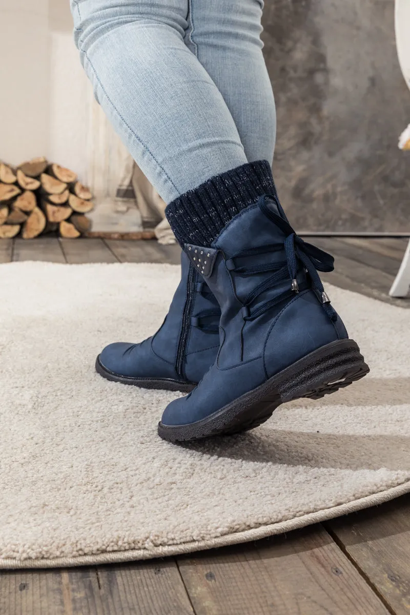 Navy Ruched Back Tie-Accent Combat Boot