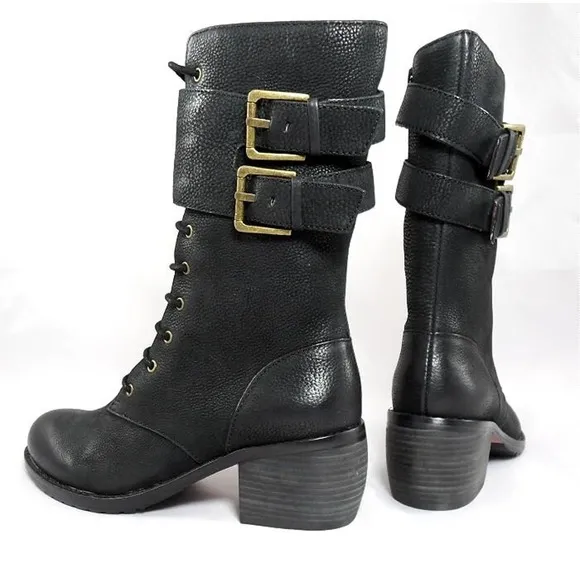 NIB$298 LUXURY REBEL LADY DEE LACE-UP BUCKLED MILITARY BELTED CUFF BOOTS 35 5