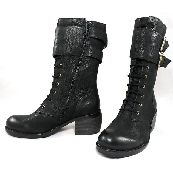 NIB$298 LUXURY REBEL LADY DEE LACE-UP BUCKLED MILITARY BELTED CUFF BOOTS 35 5