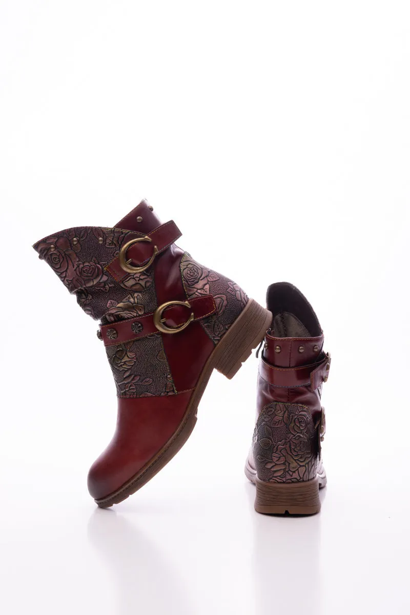 Nicolette Rivet Stud Leather Moto Boots - Claret