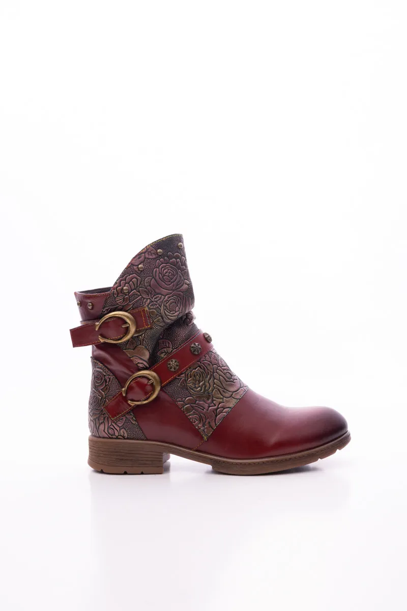 Nicolette Rivet Stud Leather Moto Boots - Claret