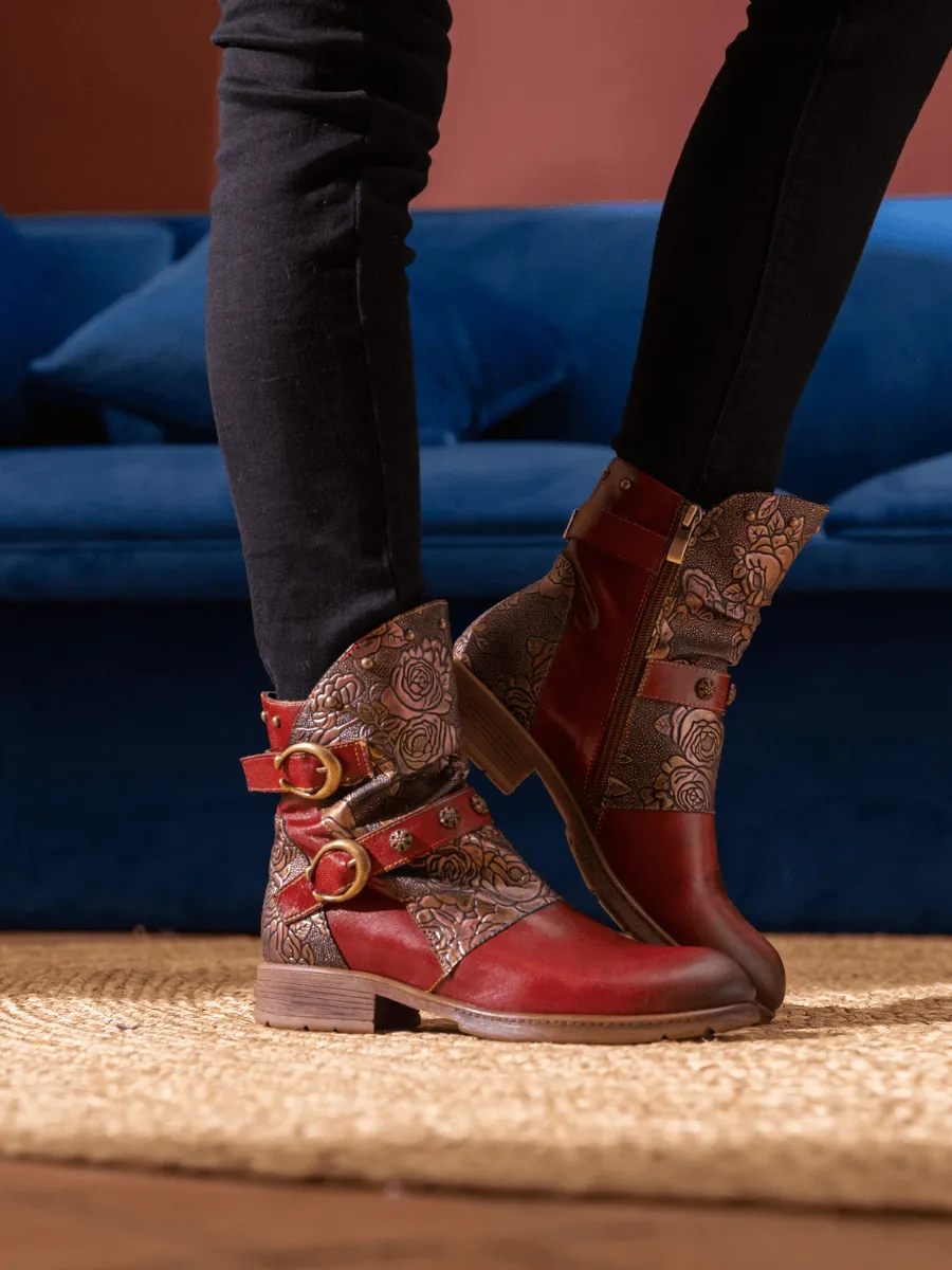 Nicolette Rivet Stud Leather Moto Boots - Claret