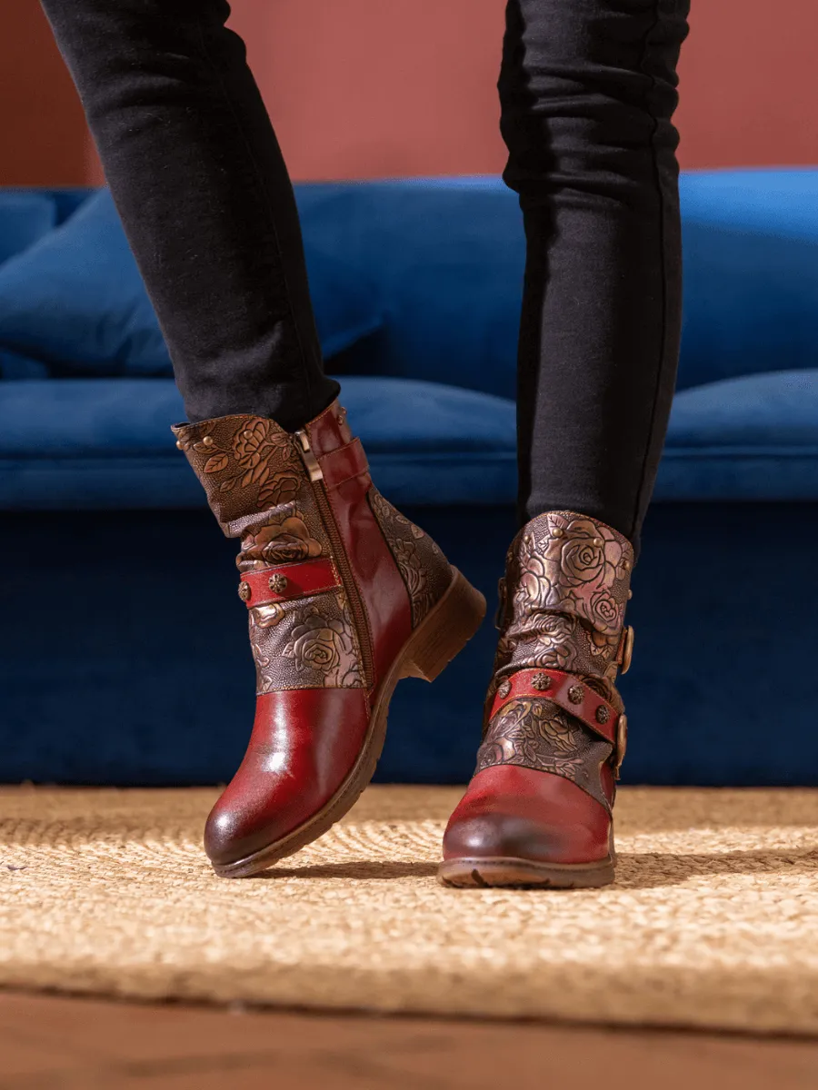 Nicolette Rivet Stud Leather Moto Boots - Claret