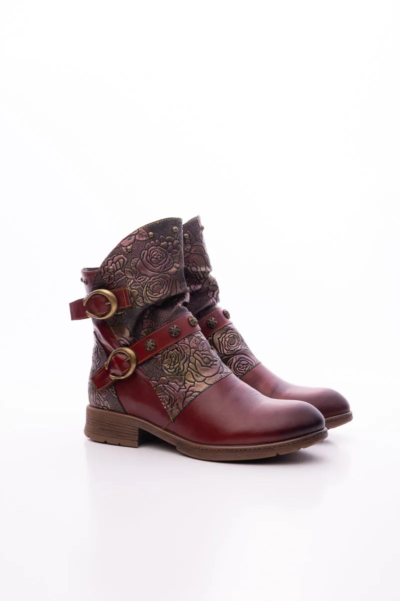 Nicolette Rivet Stud Leather Moto Boots - Claret