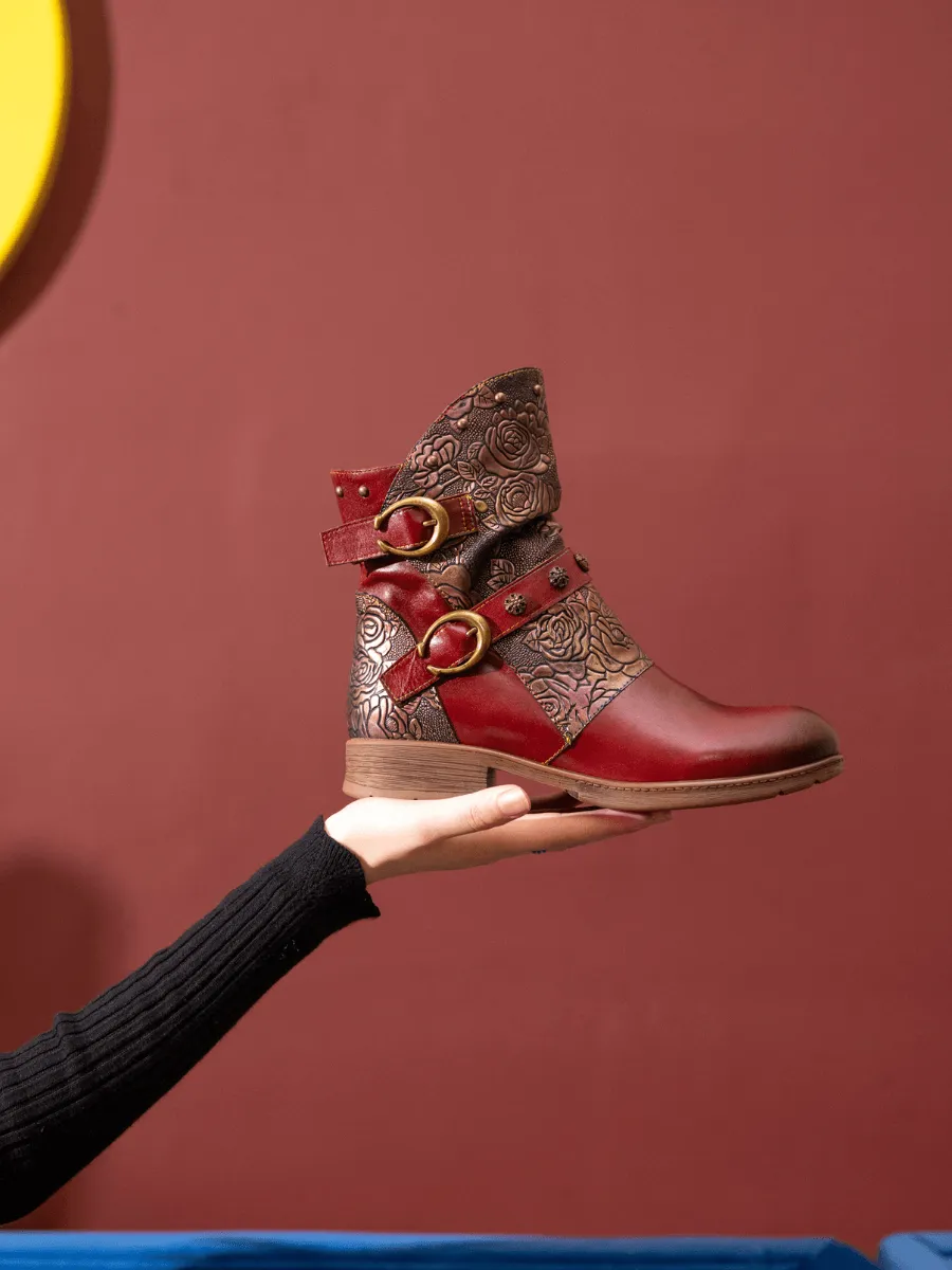 Nicolette Rivet Stud Leather Moto Boots - Claret