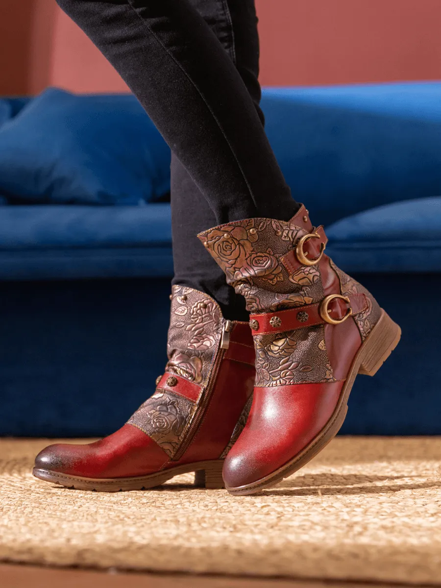 Nicolette Rivet Stud Leather Moto Boots - Claret