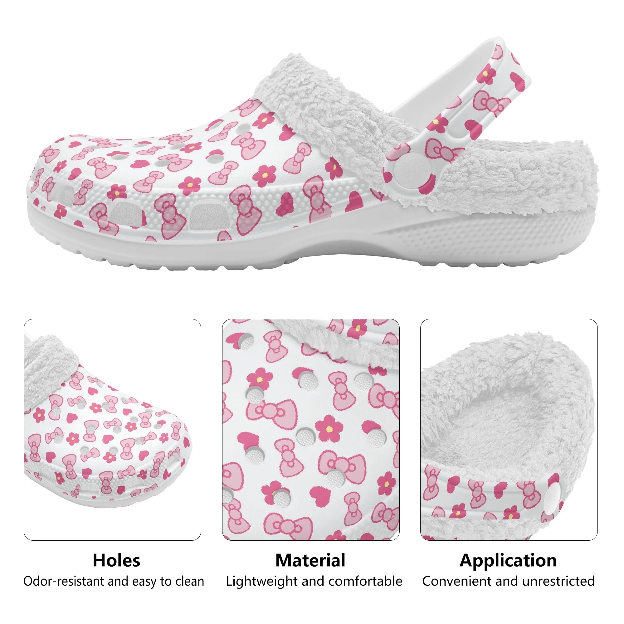 Pink Bows | Unisex Warm Fleece-Lined Clogs - Cozy, Durable & Breathable Indoor/Outdoor Comfort