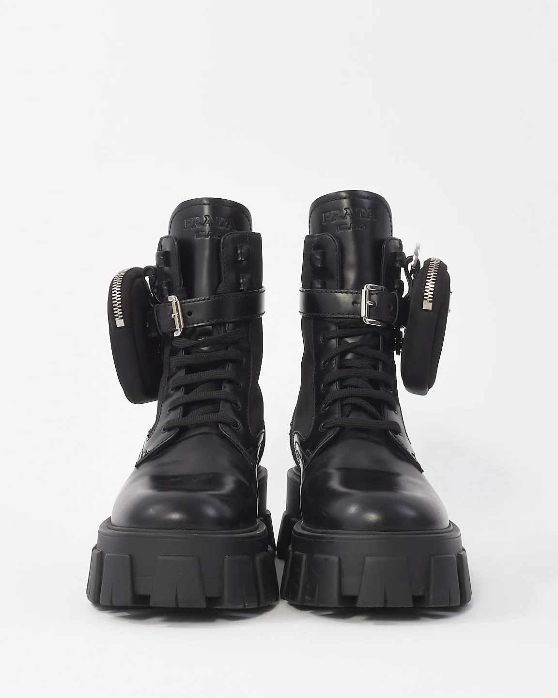 Prada Black Monolith Leather and Re-Nylon Combat Boots with Pouch - 38