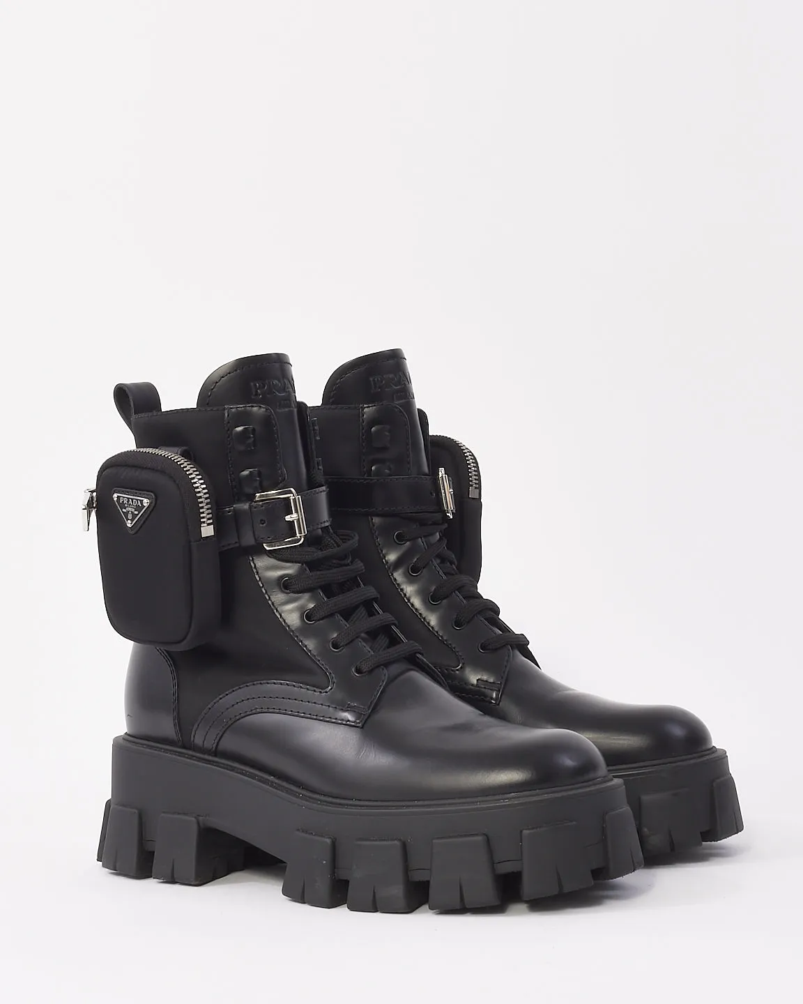 Prada Black Monolith Leather and Re-Nylon Combat Boots with Pouch - 38