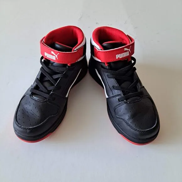 Puma Rebound Layup Mid Top Hook &amp; Loop Sneaker Shoe Black Red White Kids Size 1C
