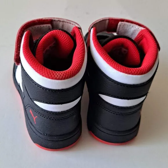 Puma Rebound Layup Mid Top Hook &amp; Loop Sneaker Shoe Black Red White Kids Size 1C