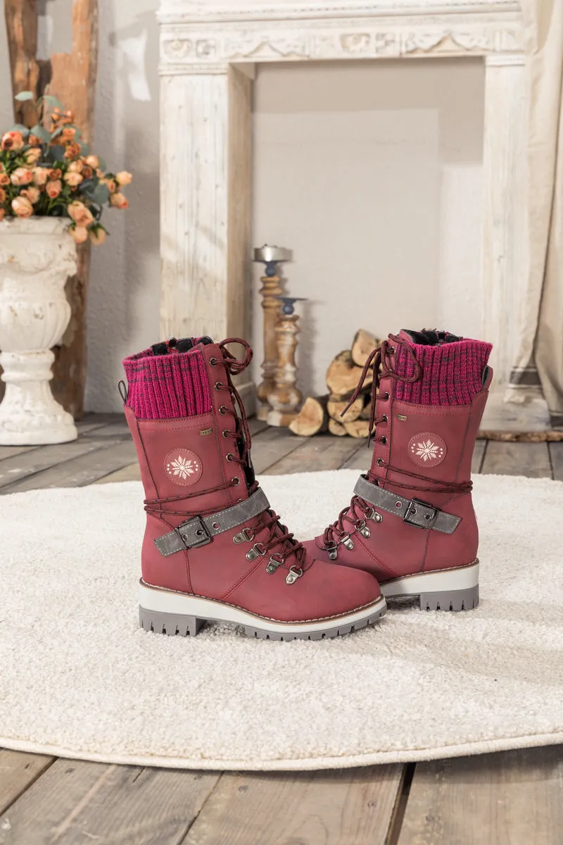 Red Ribbed-Cuff Buckle-Strap Boot
