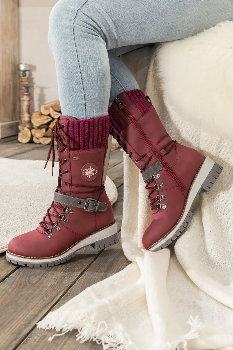 Red Ribbed-Cuff Buckle-Strap Boot
