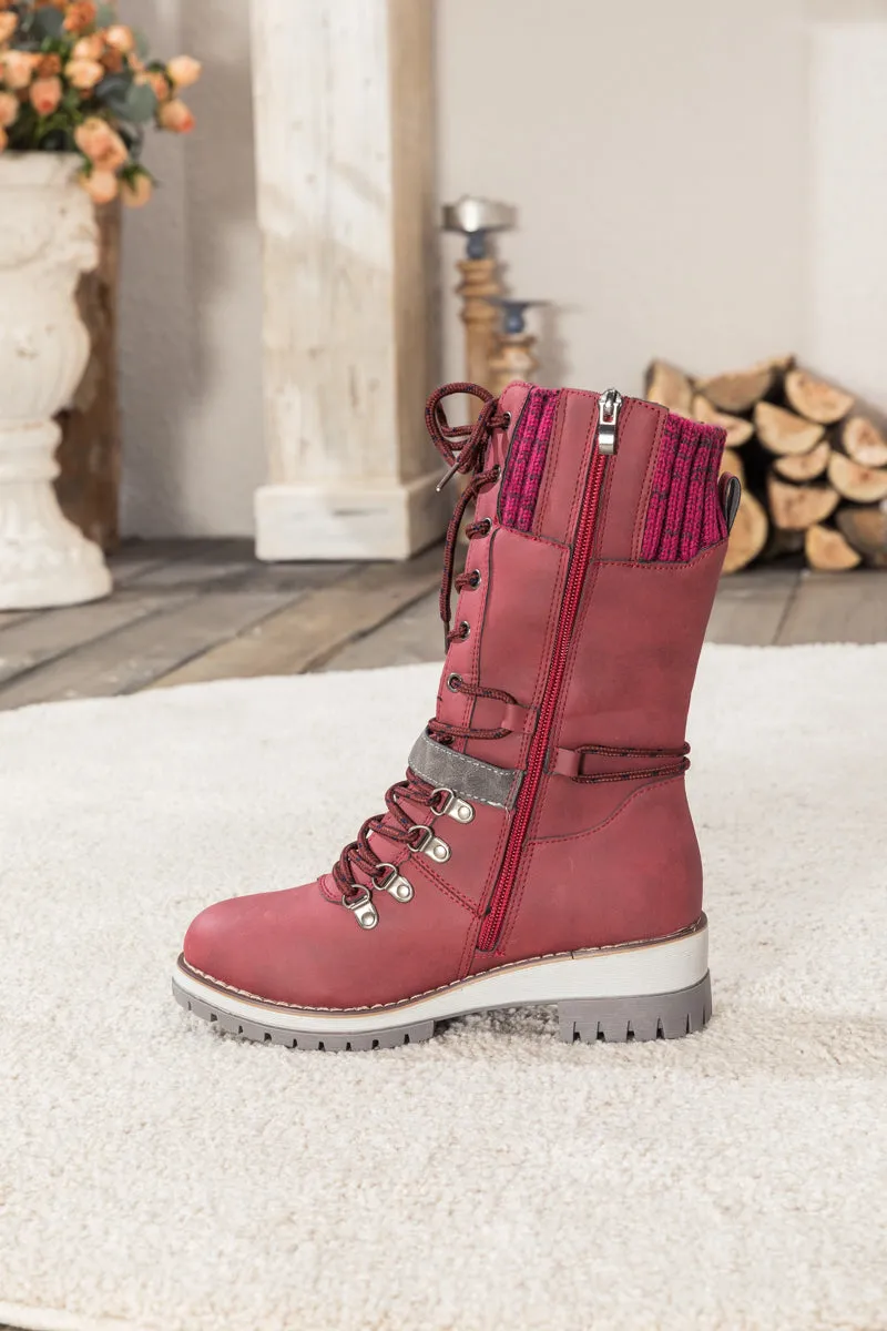 Red Ribbed-Cuff Buckle-Strap Boot
