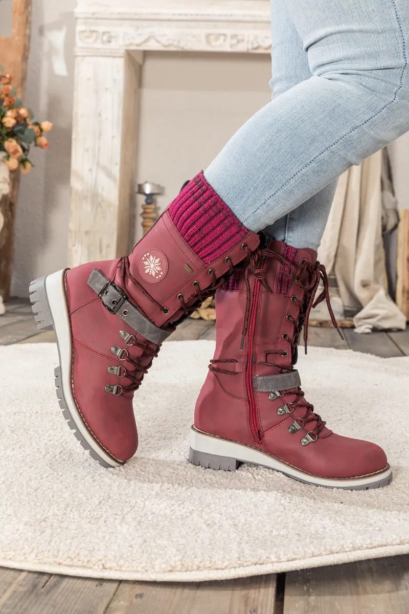 Red Ribbed-Cuff Buckle-Strap Boot