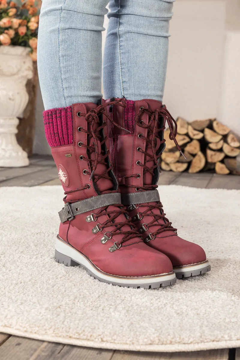 Red Ribbed-Cuff Buckle-Strap Boot
