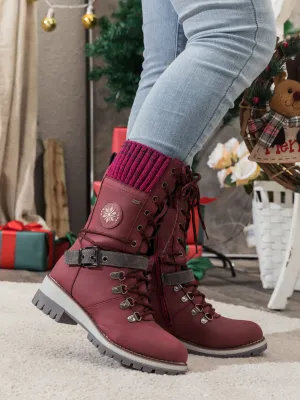 Red Ribbed-Cuff Buckle-Strap Boot