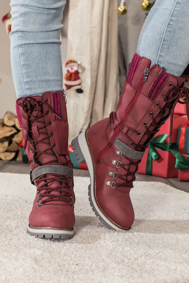 Red Ribbed-Cuff Buckle-Strap Boot