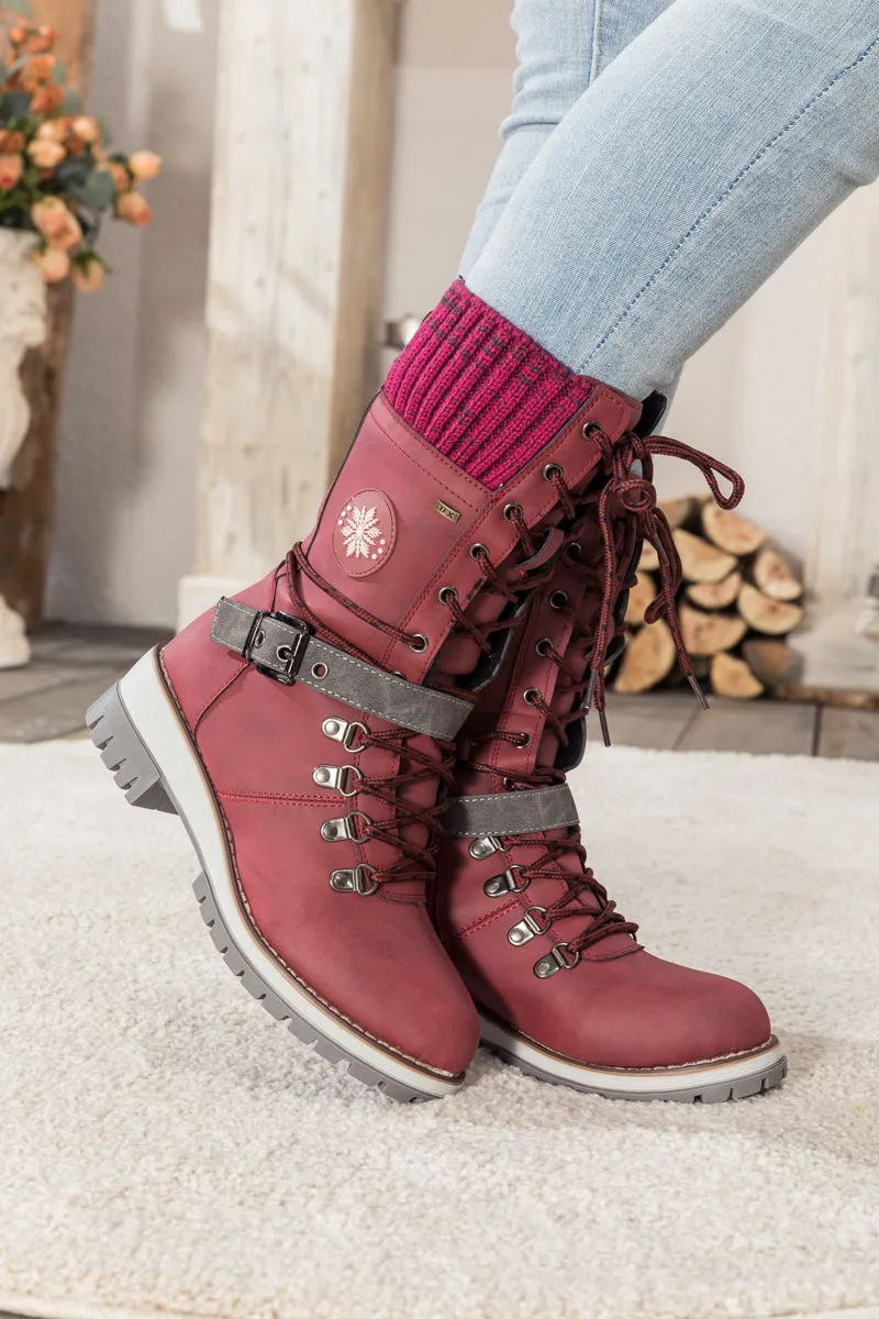 Red Ribbed-Cuff Buckle-Strap Boot