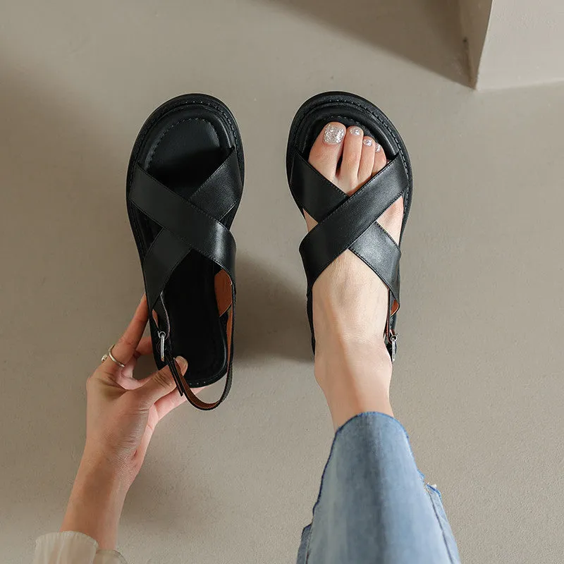 Sandals Retro Gladiator Casual Pumps Genuine Leather Low Heels Office Ladies Shoes Summer Concise