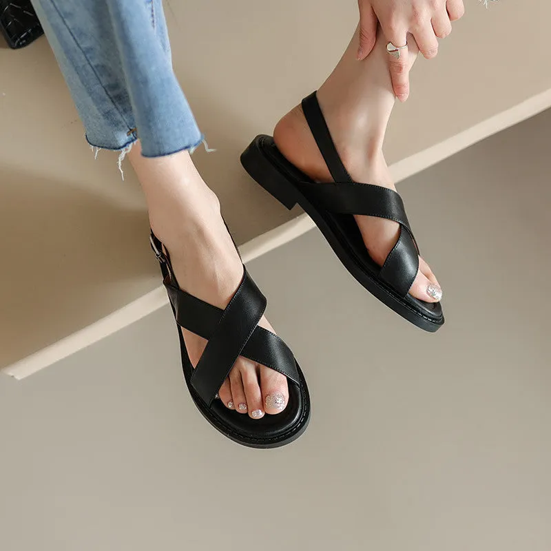 Sandals Retro Gladiator Casual Pumps Genuine Leather Low Heels Office Ladies Shoes Summer Concise