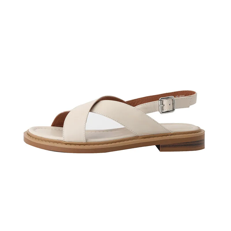 Sandals Retro Gladiator Casual Pumps Genuine Leather Low Heels Office Ladies Shoes Summer Concise