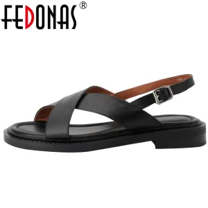 Sandals Retro Gladiator Casual Pumps Genuine Leather Low Heels Office Ladies Shoes Summer Concise