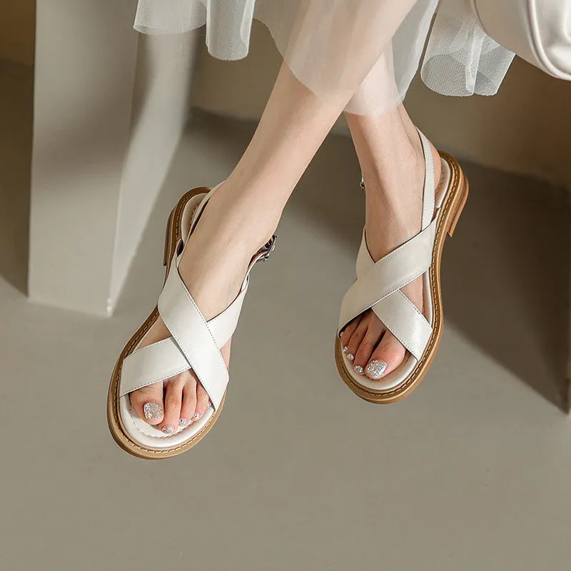 Sandals Retro Gladiator Casual Pumps Genuine Leather Low Heels Office Ladies Shoes Summer Concise