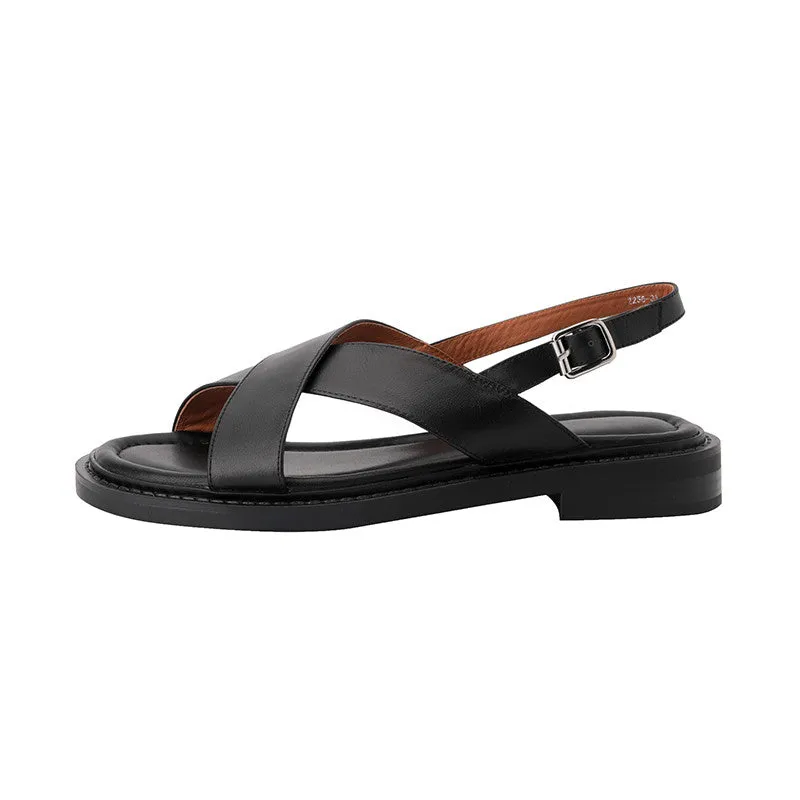 Sandals Retro Gladiator Casual Pumps Genuine Leather Low Heels Office Ladies Shoes Summer Concise