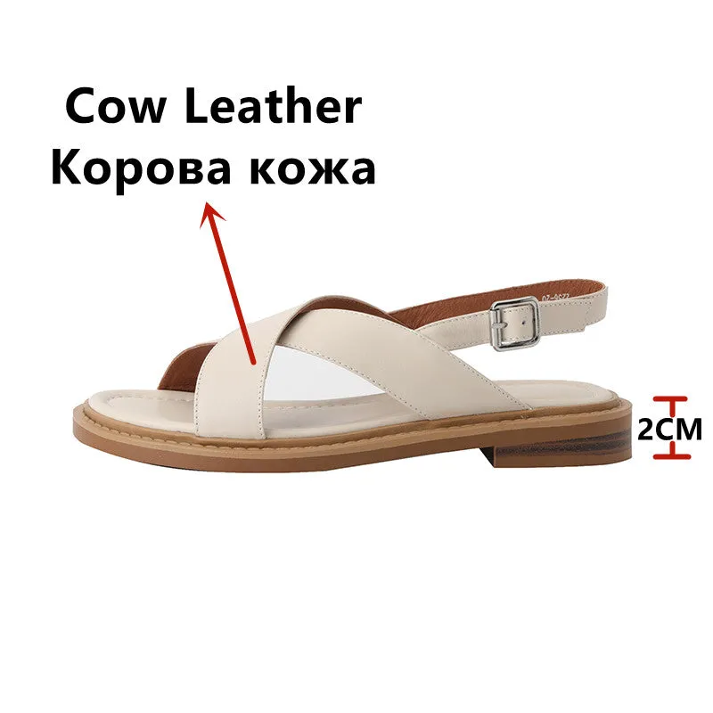 Sandals Retro Gladiator Casual Pumps Genuine Leather Low Heels Office Ladies Shoes Summer Concise