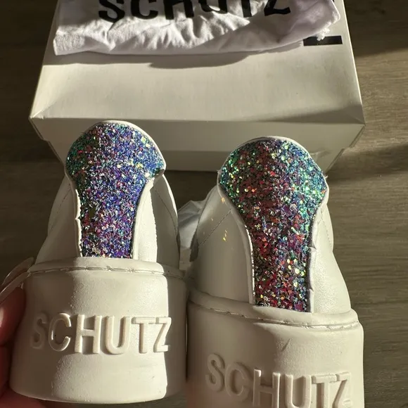 Schutz White Glitter Heel Strap Sneakers - Size 6