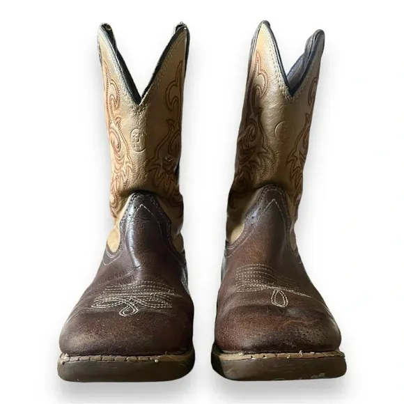 TONY LAMA Youth Brown &amp; Tan Leather Square Toe Cowboy Boots Size 2D | EUC