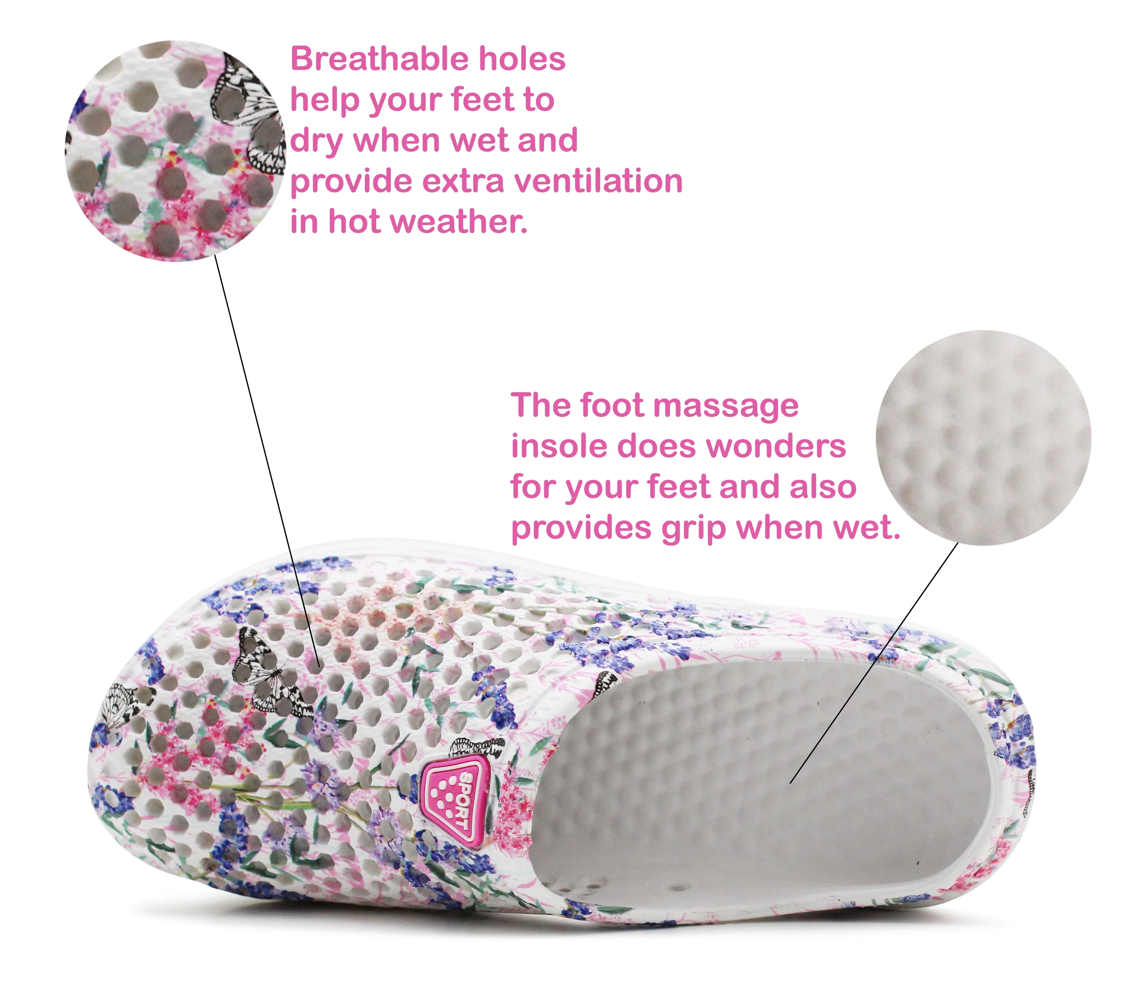 TRANQUIL Womens Lightweight EVA Breathable Clogs in Pink Floral