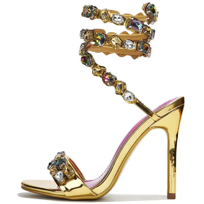 VougeVamp Luxury Crystal Gladiator Sandals – Stiletto High Heels for Weddings & Prom