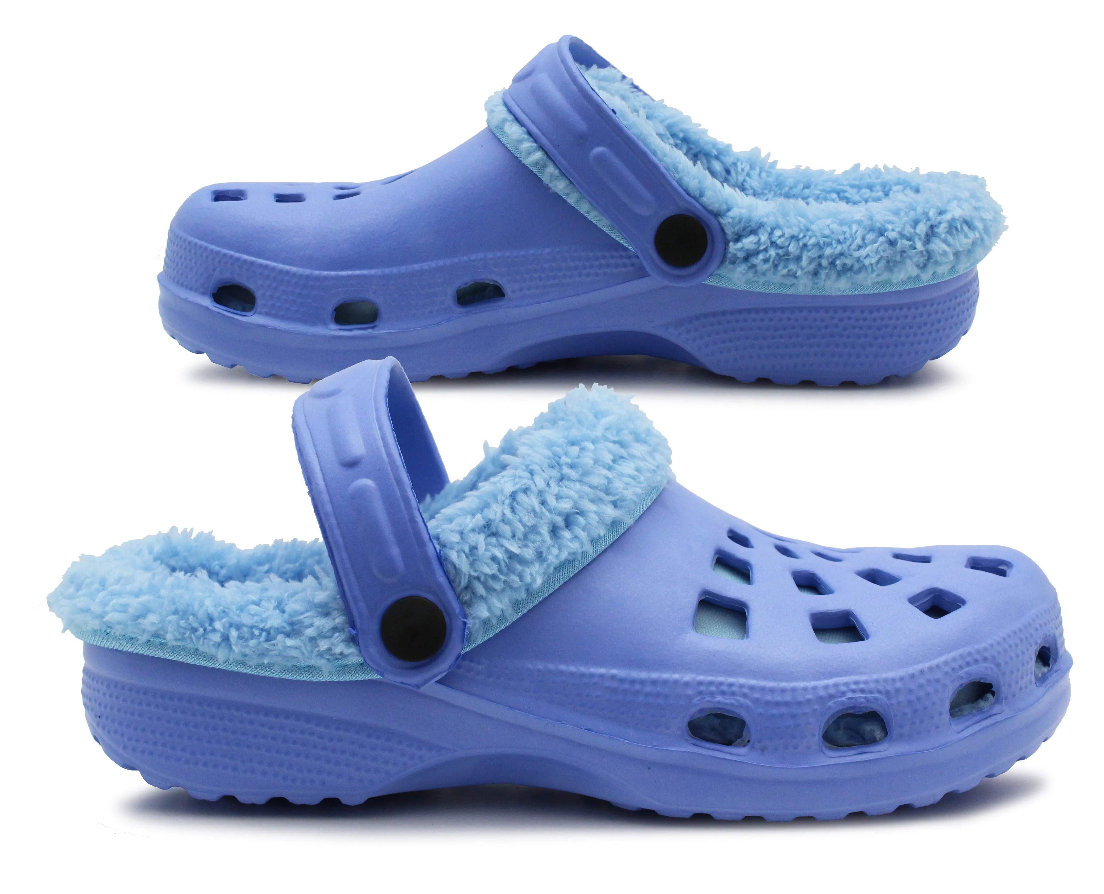 Womens Warm Fur Lined Thermal Blue Garden Clogs Lightweight EVA Slip On Slippers Kitchen Nurse Indoor House Shoes Sandals
