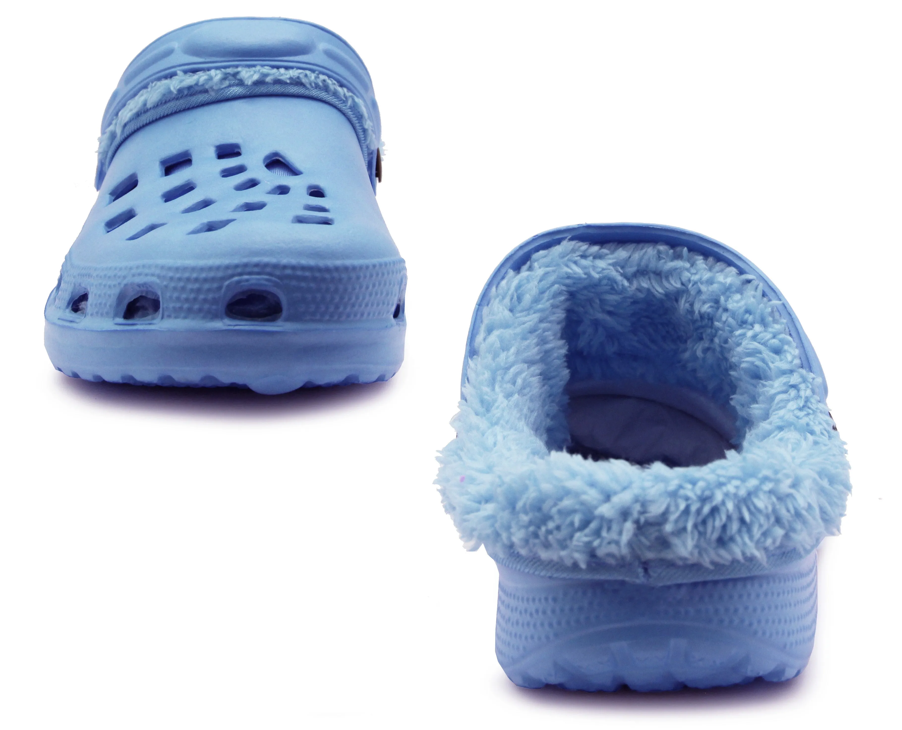 Womens Warm Fur Lined Thermal Blue Garden Clogs Lightweight EVA Slip On Slippers Kitchen Nurse Indoor House Shoes Sandals